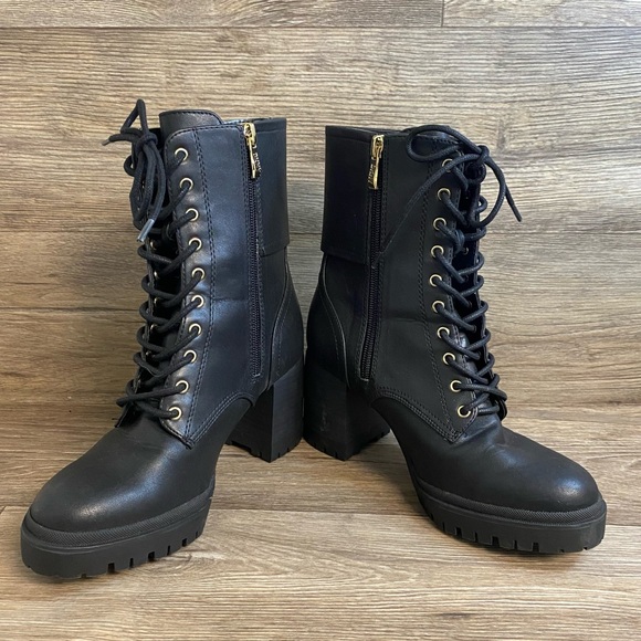 Dkny Platform Ankle Boots Wmns 6 Black Faux Leather Buckle Laceup Zip Grunge - Picture 4 of 8